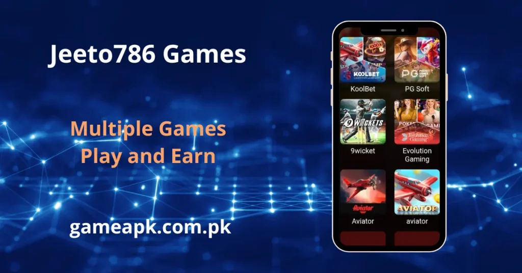 Smartphone screen displaying the Jeeto786 app game library, featuring various interactive play-to-earn opportunities from providers like PG Soft and Evolution Gaming.