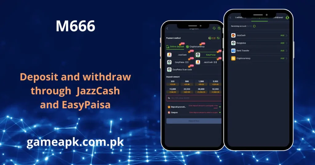 M666 deposit and withdraw screen showing JazzCash, EasyPaisa and cryptocurrency payment options on gameapk.com.pk