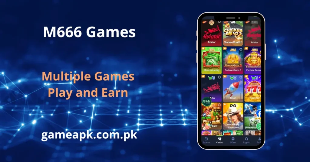 M666 games in app screen showing Aviator, Chicken Road 2.0, Fortune Gems, Money Coming and Crazy777 slot games on gameapk.com.pk