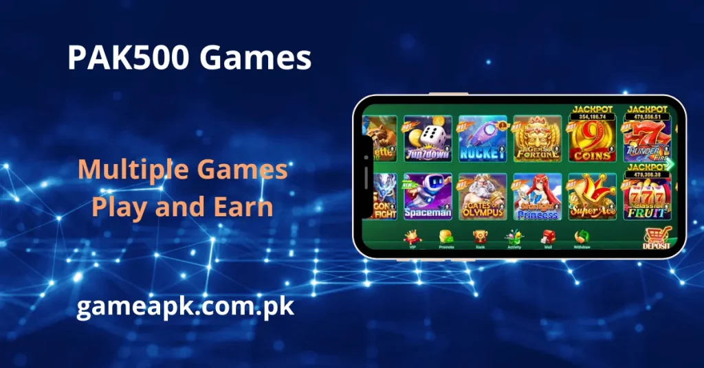 PAK500 APK games in app screen showing Roulette, Jump Down, Rocket, Gems Fortune and Thunder Fire slot games on gameapk.com.pk