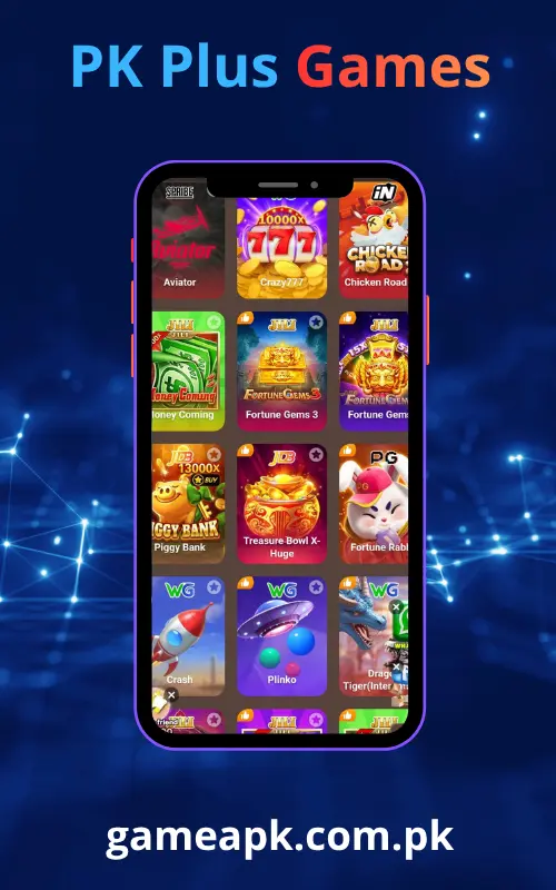 PK Plus APK games in app screen showing Aviator, Crazy777, Chicken Road, Money Coming and Fortune Gems 3 slot games on gameapk.com.pk