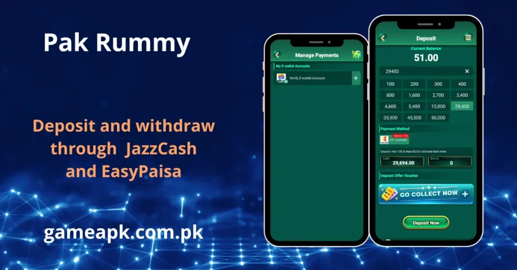 A promotional image highlighting the deposit and manage payments screens of the Pak Rummy app on two smartphones, emphasizing payment options like JazzCash and EasyPaisa.