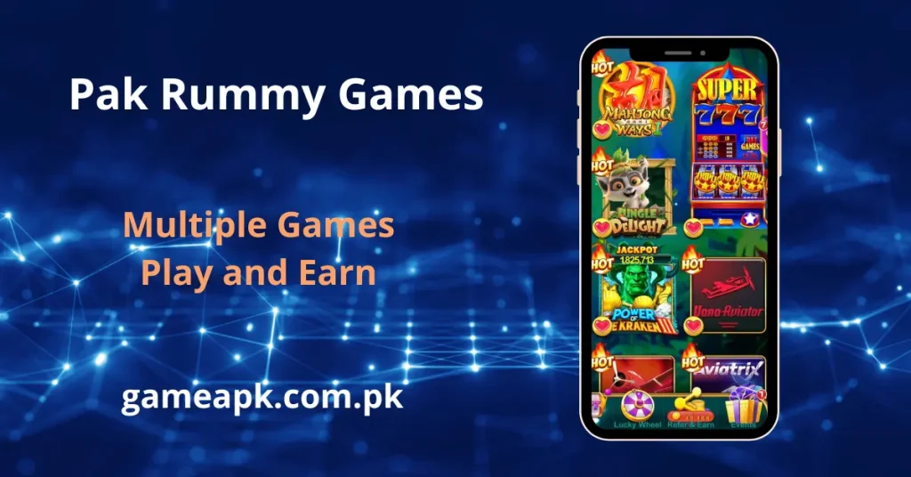 A promotional graphic showing a smartphone screen filled with various play-and-earn casino games available on the Pak Rummy app, including Mahjong Ways, Super 777, and Power of Kraken.