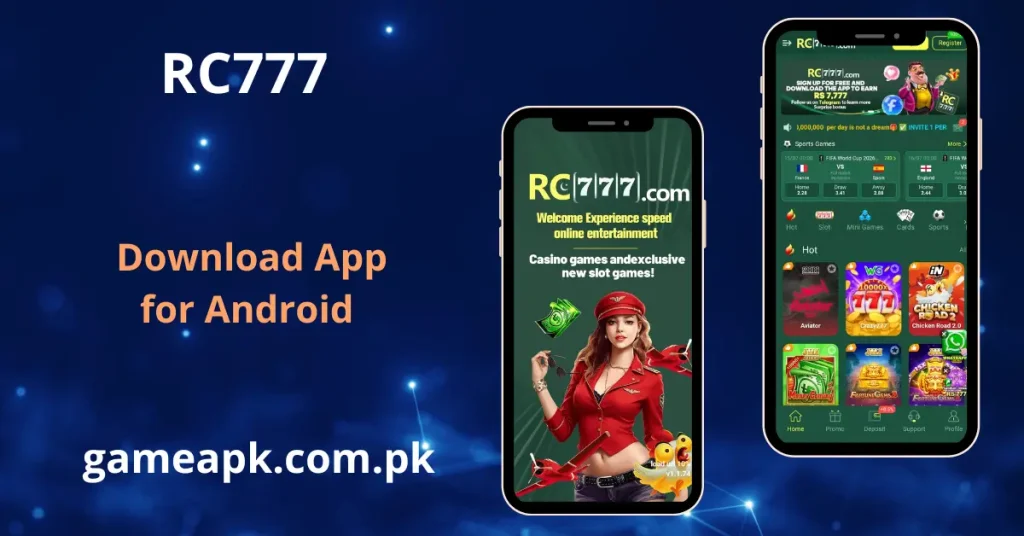 RC777 game APK, download app interface showing welcome screen and home page with sports betting and hot games on gameapk.com.pk