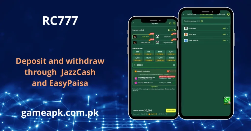 RC777 APK deposit and withdraw screen showing JazzCash and EasyPaisa payment options with deposit promotions on gameapk.com.pk