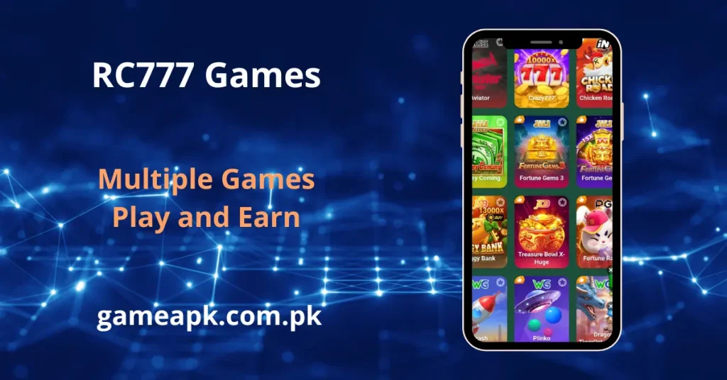 RC777 APK games in app screen showing Aviator, Crazy777, Chicken Road, Fortune Gems and Treasure Bowl slot games on gameapk.com.pk