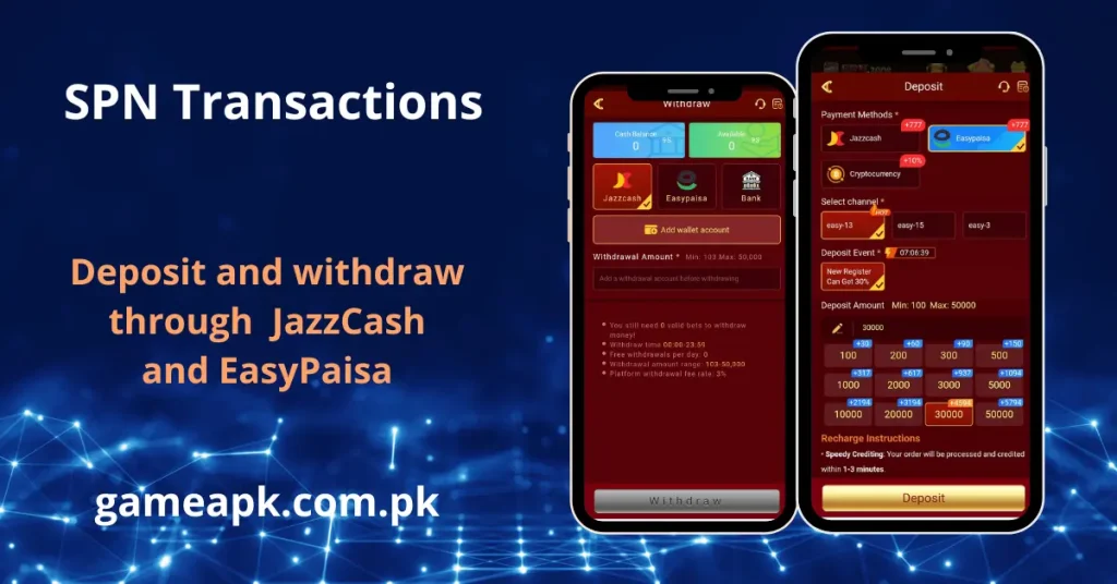 SPN Transactions screen showing deposit and withdrawal options via JazzCash and EasyPaisa, highlighting secure payment methods and recharge instructions for mobile app users.