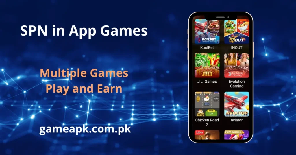 Smartphone screen displaying the SPN app game library, featuring various interactive play-to-earn opportunities like Aviator and JILI slots.