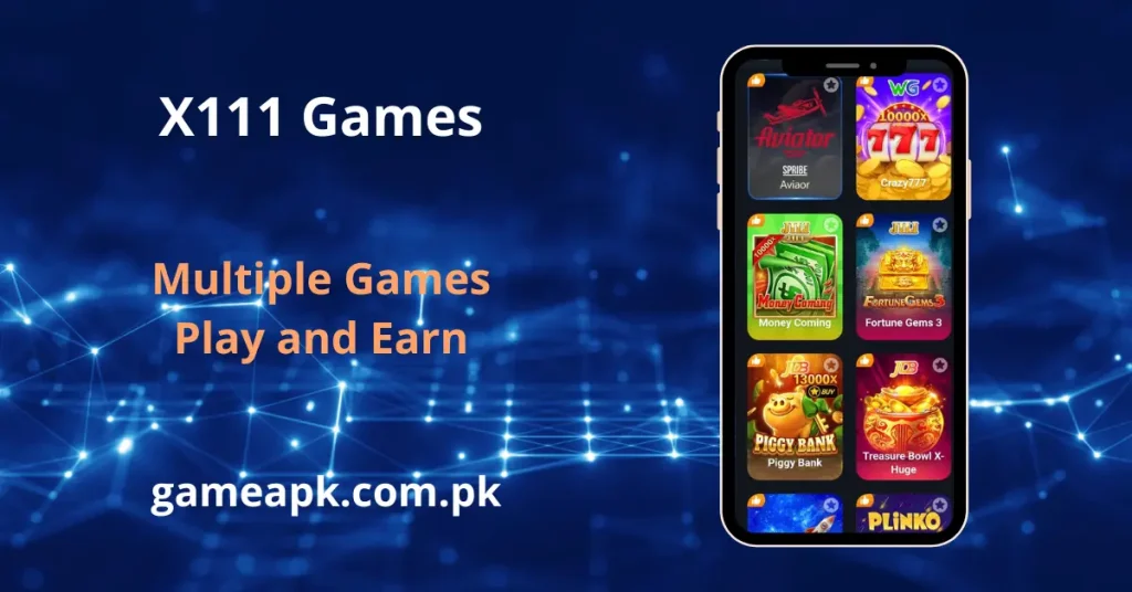 X111 APK games in app screen showing Aviator, Crazy777, Money Coming, Fortune Gems 3, Piggy Bank and Treasure Bowl slot games on gameapk.com.pk