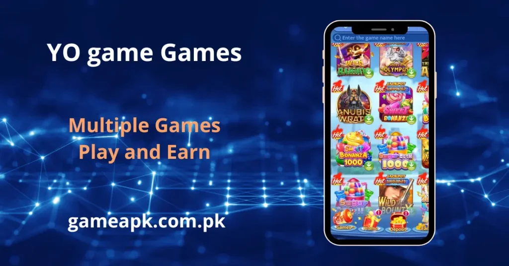 YO Game APK games in app screen showing Wild Rabbit, Gates of Olympus, Anubis Wrath and Sweet Bonanza slot games on gameapk.com.pk