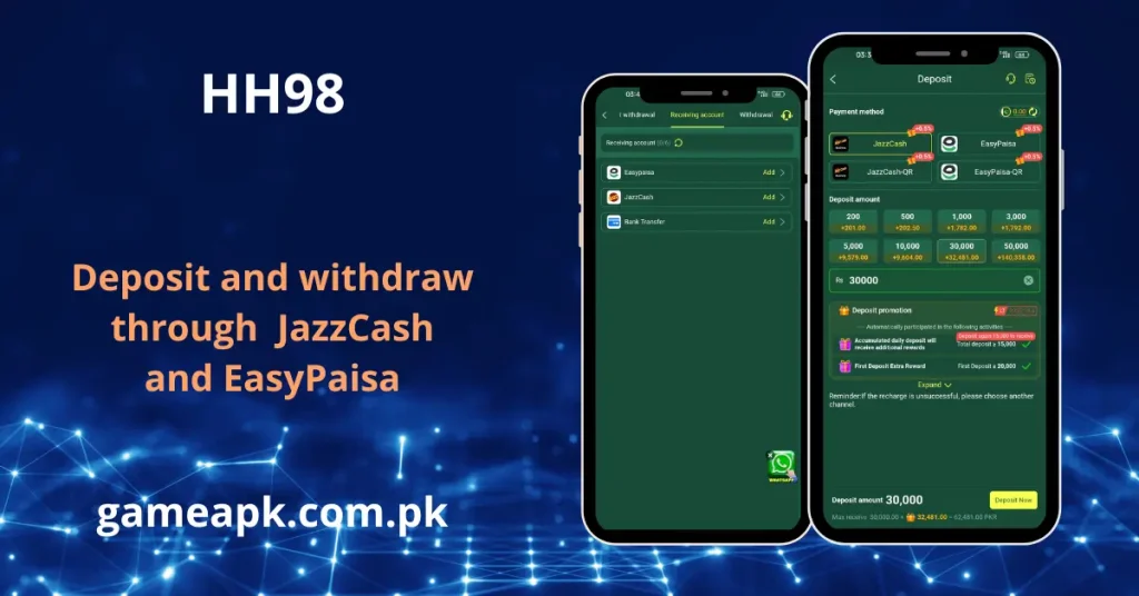 HH98 APK deposit and withdraw screen showing JazzCash and EasyPaisa payment options with deposit bonuses on gameapk.com.pk