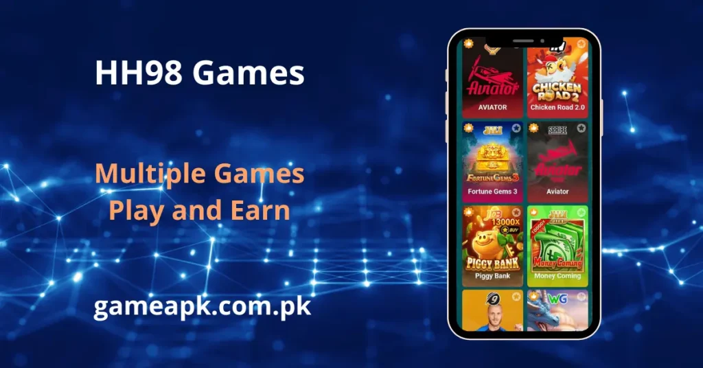 HH98 APK games in app screen showing Aviator, Chicken Road 2.0, Fortune Gems 3, Piggy Bank and Money Coming slot games on gameapk.com.pk