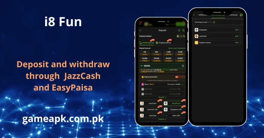 i8 Fun deposit and withdrawal screens supporting JazzCash, EasyPaisa, and cryptocurrency.
Secure i8 Fun transactions with multiple payment and receiving account options.