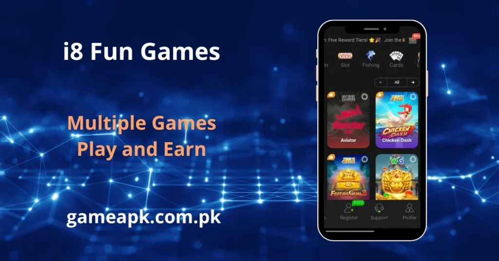 i8 Fun app screen showing multiple games including Aviator, Chicken Dash, and Fortune Gems 3.
Play and earn through a variety of slot and casino-style games in the i8 Fun app.