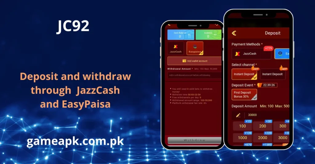 JC92 deposit and withdrawal screen supporting JazzCash and EasyPaisa payment methods. JC92 app transaction page showing 30% first deposit bonus for Pakistani players.