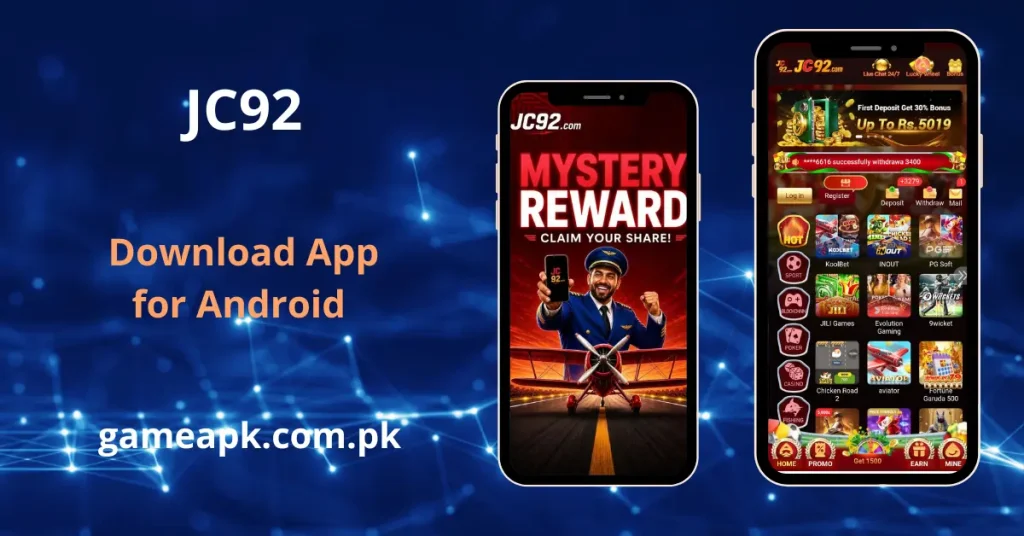 JC92 App interface showing mystery reward and free download option for Android. 
