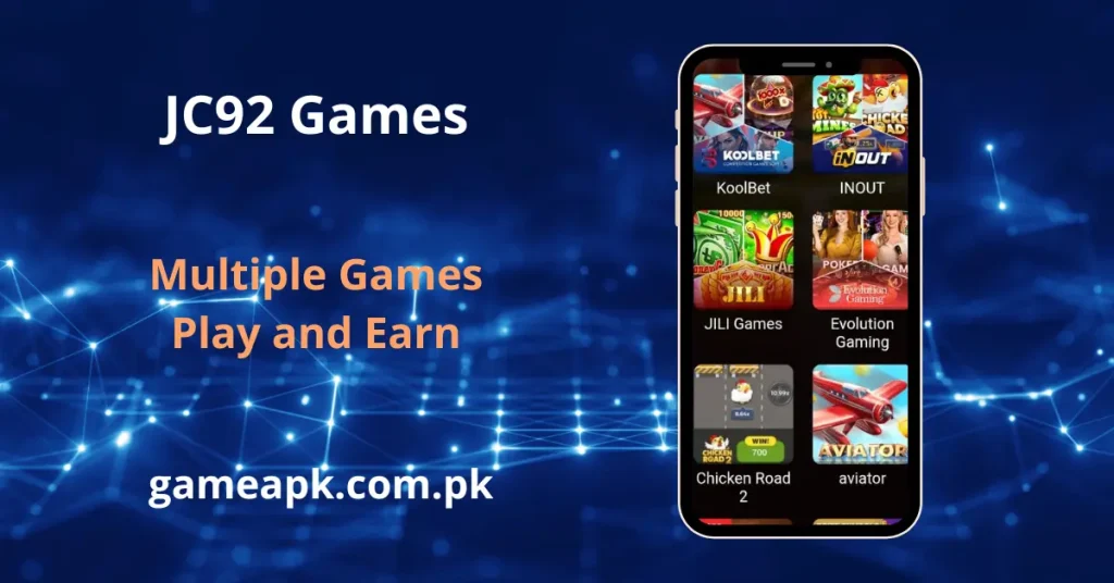 JC92 in-app games collection including KoolBet, JILI Games, and Aviator slots. / Multiple games available to play and earn inside the JC92 APK for Android.