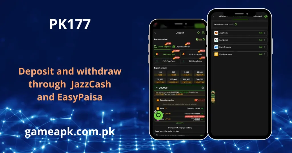 PK177 deposit and withdrawal screens supporting JazzCash, EasyPaisa, and cryptocurrency.
Secure PK177 transactions with multiple payment and receiving account options.