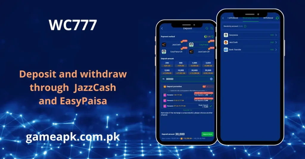 WC777 deposit and withdrawal screens supporting JazzCash and EasyPaisa payment methods.
Quick WC777 transactions with instant deposit bonuses and secure receiving accounts.