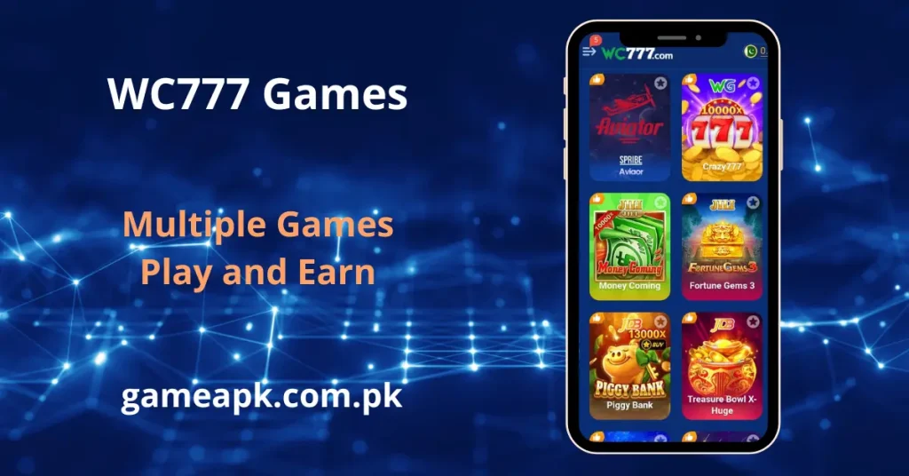 WC777 app screen showing multiple games including Aviator, Crazy777, and Fortune Gems 3.
Play and earn through a variety of slot and Piggy Bank games in the WC777 app.