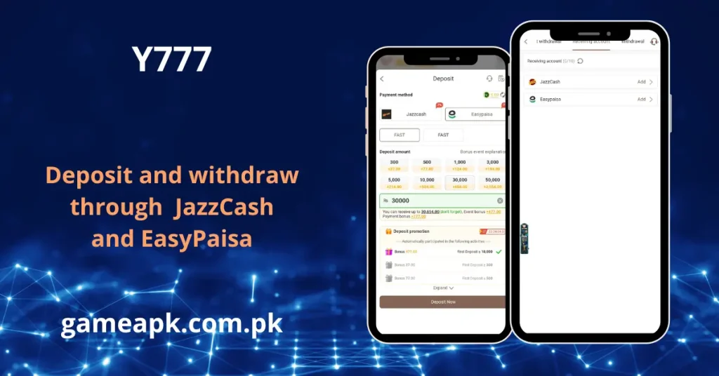 Y777 deposit and withdrawal screens supporting JazzCash and EasyPaisa payment methods.
Fast Y777 transactions with instant deposit channels and simple receiving accounts.