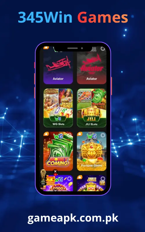 345Win APK games in app screen showing Aviator, WG Slots, JILI Slots, Money Coming and Fortune Gems slot games on gameapk.com.pk