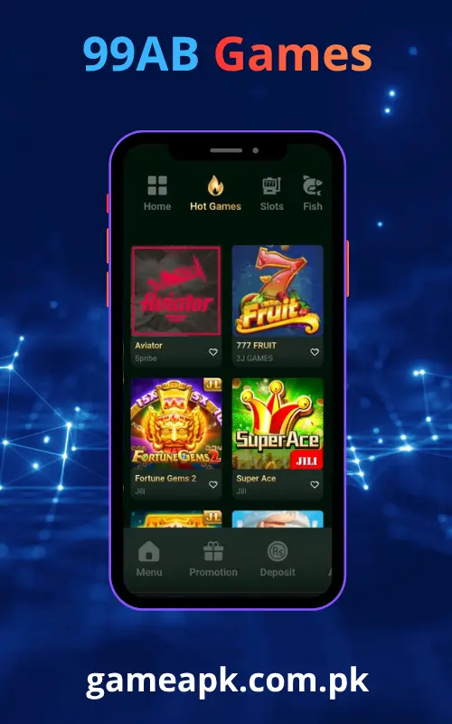 99AB games in app screen showing Aviator, 777 Fruit, Fortune Gems 2 and Super Ace slot games on gameapk.com.pk