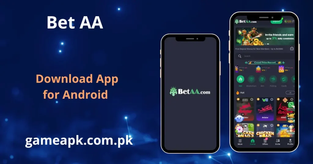 Bet AA game apk download interface showing logo splash screen and home page with invite friends commission and hot slot games on gameapk.com.pk