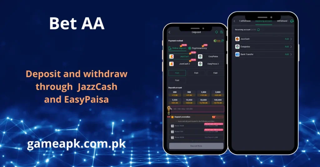 BetAA APK deposit and withdraw screen showing JazzCash, EasyPaisa and cryptocurrency payment options on gameapk.com.pk