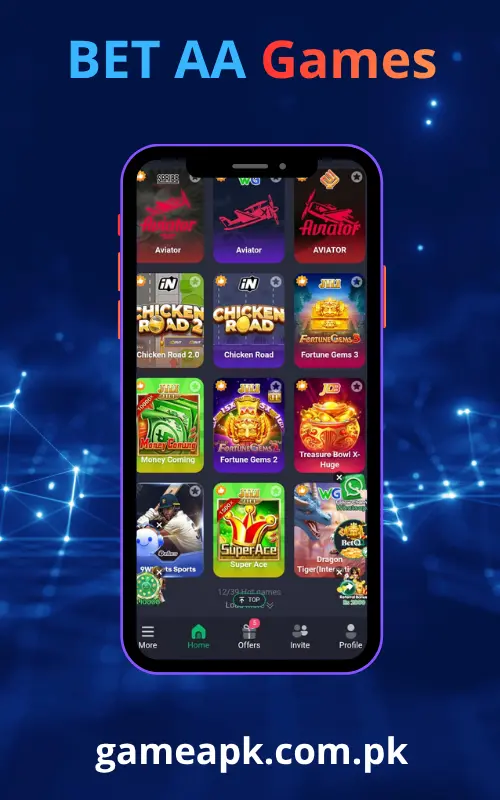 BetAA games in app screen showing Aviator, Chicken Road 2.0, Fortune Gems 3, Money Coming and Super Ace slot games on gameapk.com.pk