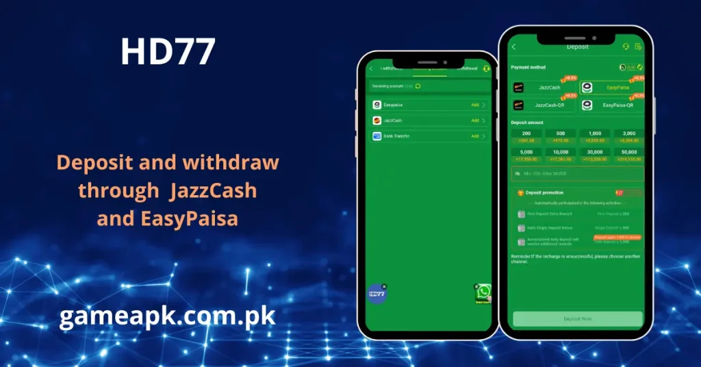 HD77 deposit and withdraw screen showing JazzCash and EasyPaisa payment options with deposit rewards on gameapk.com.pk
