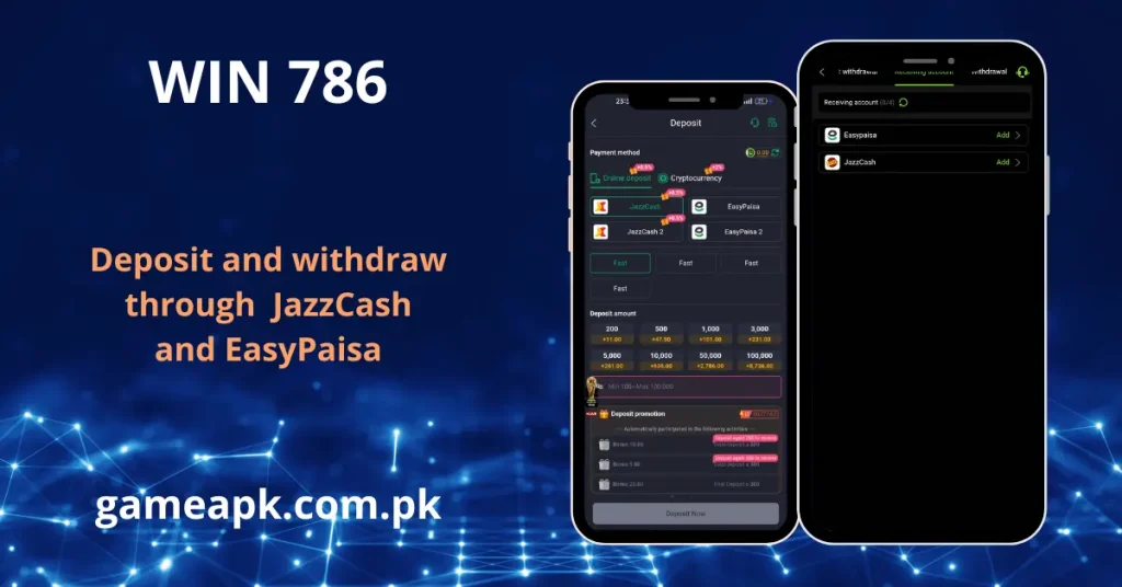 WIN786 APK deposit and withdraw screen showing JazzCash, EasyPaisa and cryptocurrency payment options on gameapk.com.pk