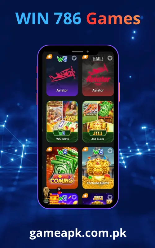 WIN786 games in app screen showing Aviator, WG Slots, JILI Slots, Money Coming and Fortune Gems slot games on gameapk.com.pk