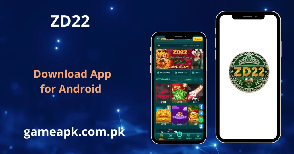 ZD22 app interface showing Urdu home screen with welcome bonus banner and hot games on gameapk.com.pk