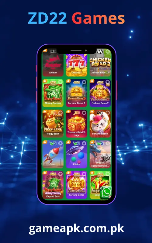 ZD22 games in app screen showing Aviator, Crazy777, Chicken Road 2.0, Money Coming and Fortune Gems slot games on gameapk.com.pk