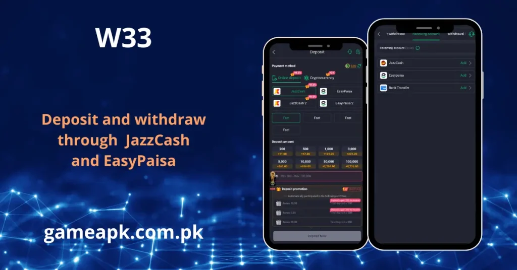 W33 APK deposit and withdraw screen showing JazzCash, EasyPaisa and cryptocurrency payment options on gameapk.com.pk.