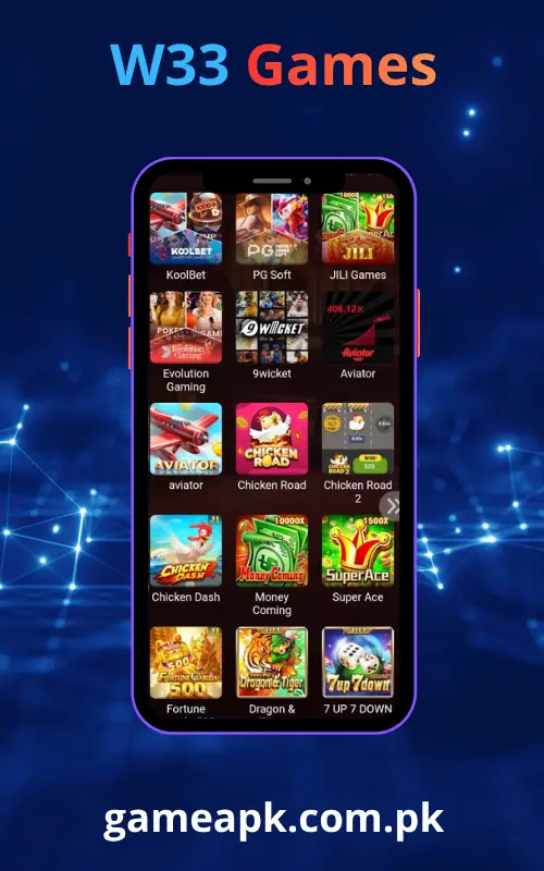 W33 APK games in app screen showing KoolBet, PG Soft, Aviator, Chicken Road, Money Coming and Super Ace slot games on gameapk.com.pk.